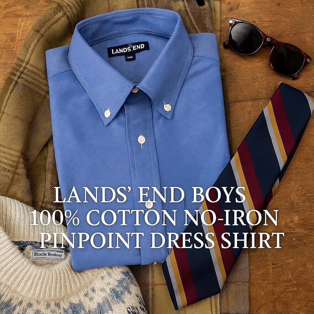 NWOT Lands’ End Boys 100% Cotton No-Iron Pinpoint Dress Shirt Size 16 Blue
